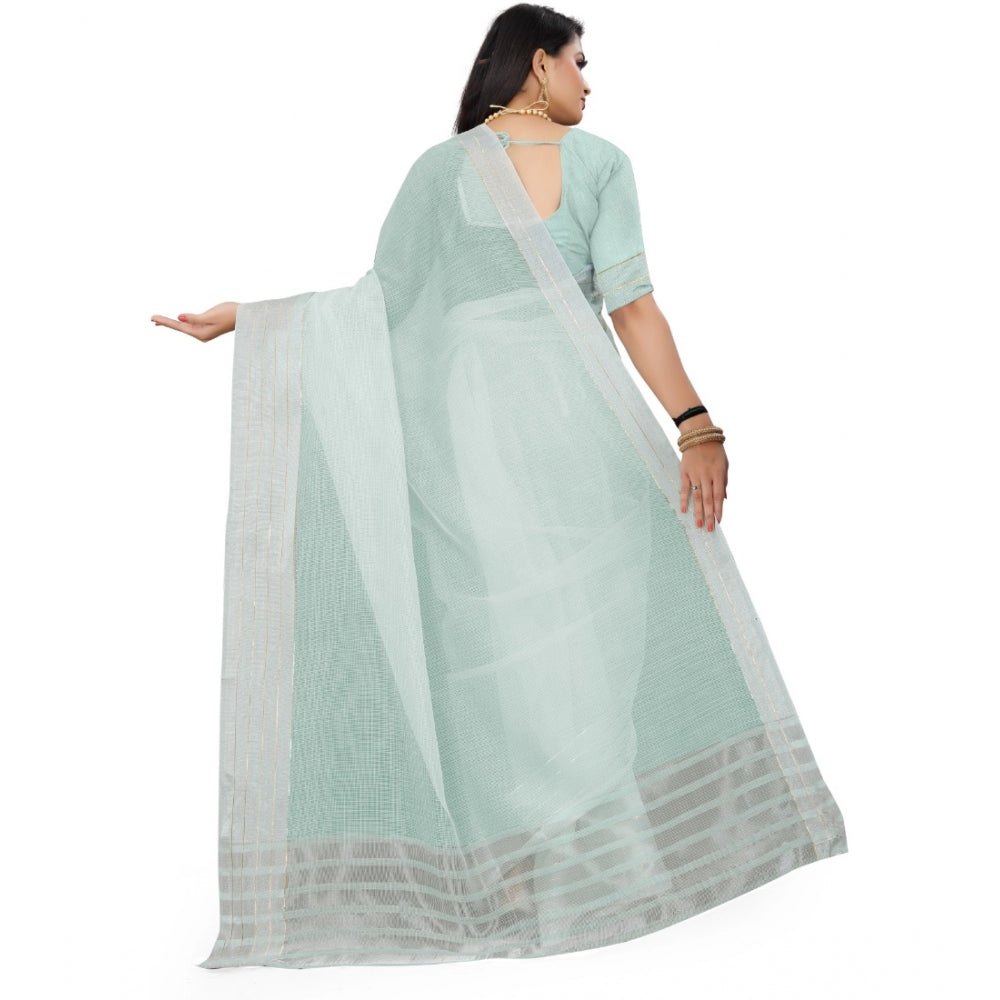 Generic Women's Cotton Jute Self Design Saree With Unstitched Blouse 5.5Mtr (Sky Blue) Secondary image