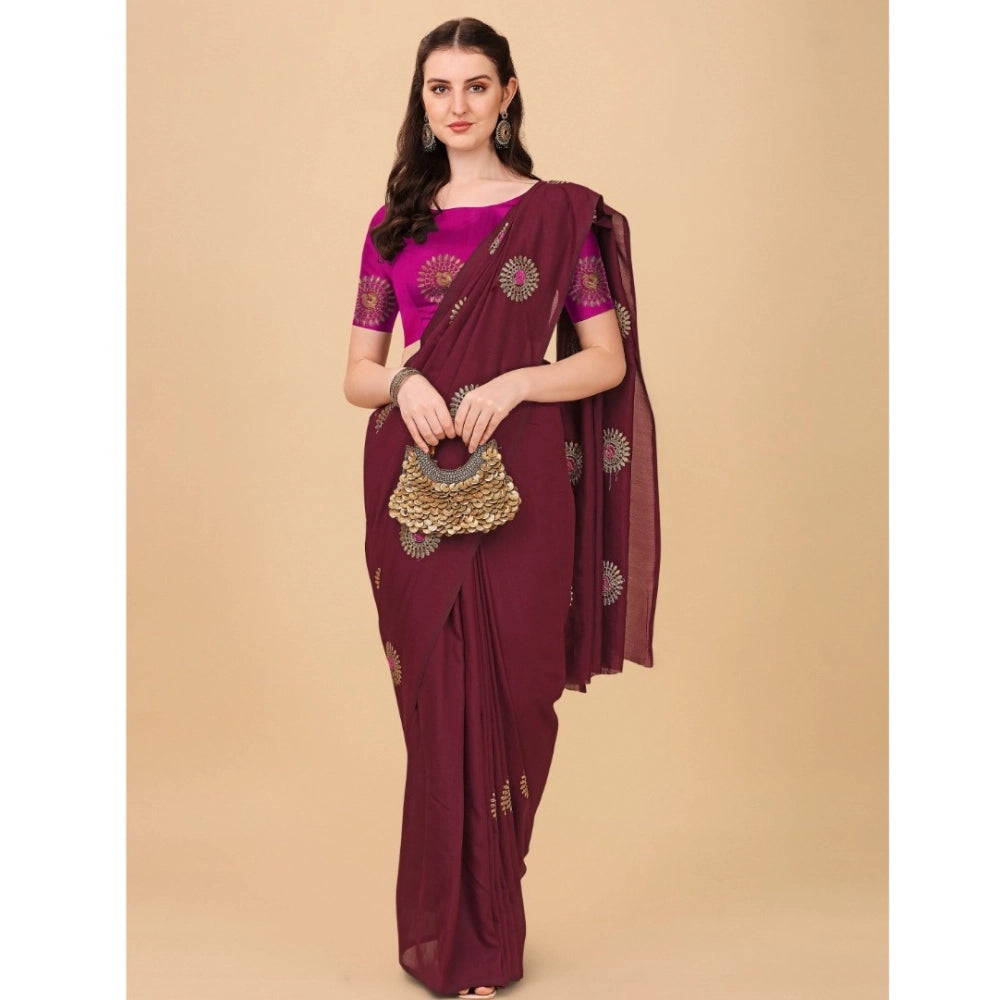 Generic Women's Silk Blend Embroidered Saree With Unstitched Blouse 5.5Mtr (Brown) Secondary image