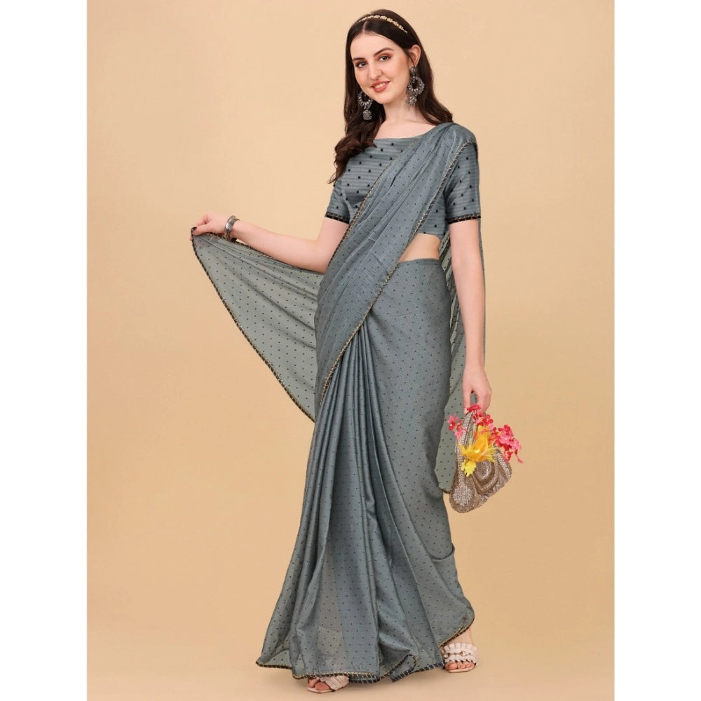 Generic Women's Silk Blend Embellished Saree With Unstitched Blouse 5.5Mtr (Silver) Secondary image
