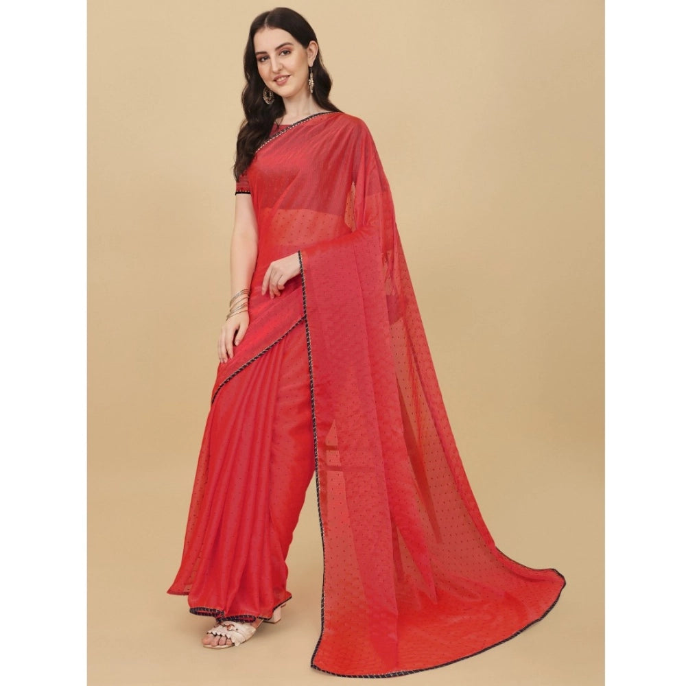 Generic Women's Silk Blend Embellished Saree With Unstitched Blouse 5.5Mtr (Red) Secondary image