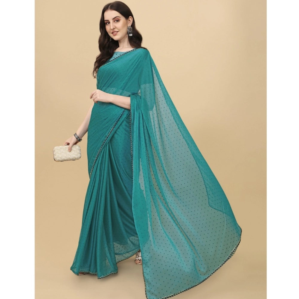 Generic Women's Silk Blend Embellished Saree With Unstitched Blouse 5.5Mtr (Blue) Secondary image