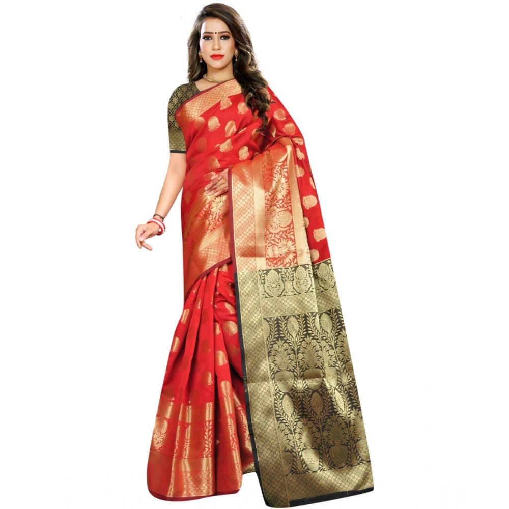 Generic Women's Jacquard Woven Saree With Unstitched Blouse 5.5Mtr (Red) Main image