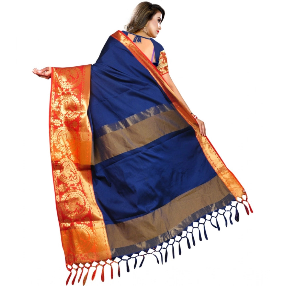 Generic Women's Jacquard Woven Saree With Unstitched Blouse 5.5Mtr (Dark Blue) Secondary image