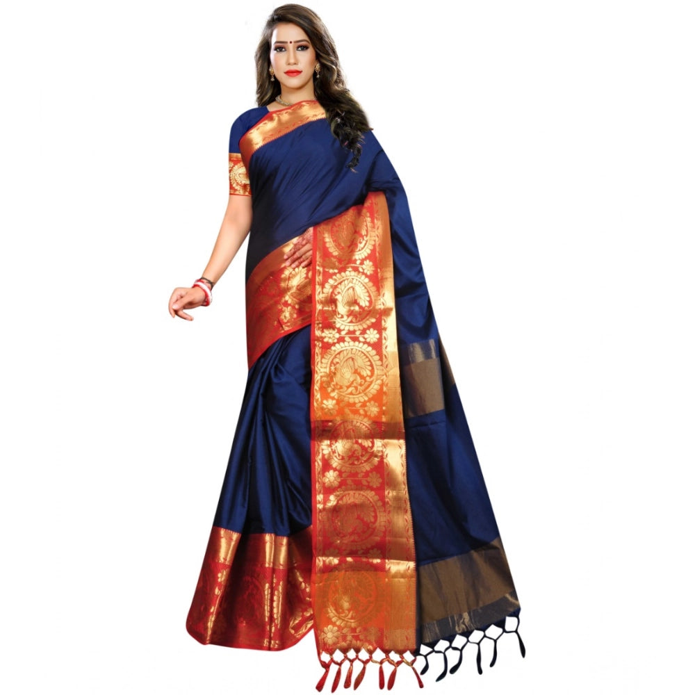 Generic Women's Jacquard Woven Saree With Unstitched Blouse 5.5Mtr (Dark Blue) Main image