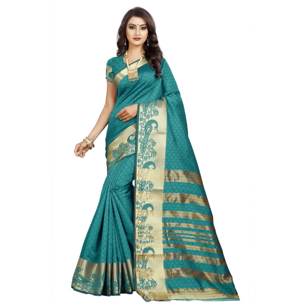 Generic Women's Jacquard Woven Saree With Unstitched Blouse 5.5Mtr (Blue) Main image