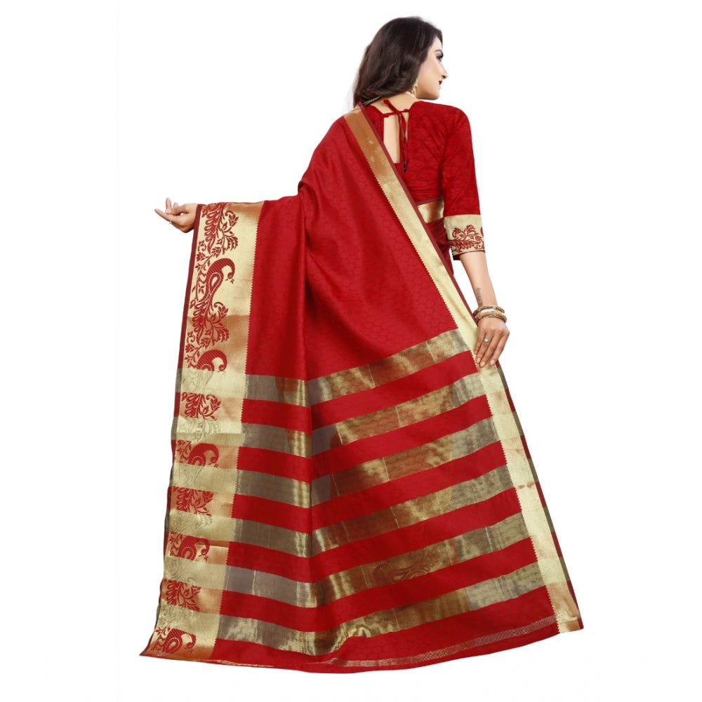 Generic Women's Jacquard Woven Saree With Unstitched Blouse 5.5Mtr (Red) Secondary image