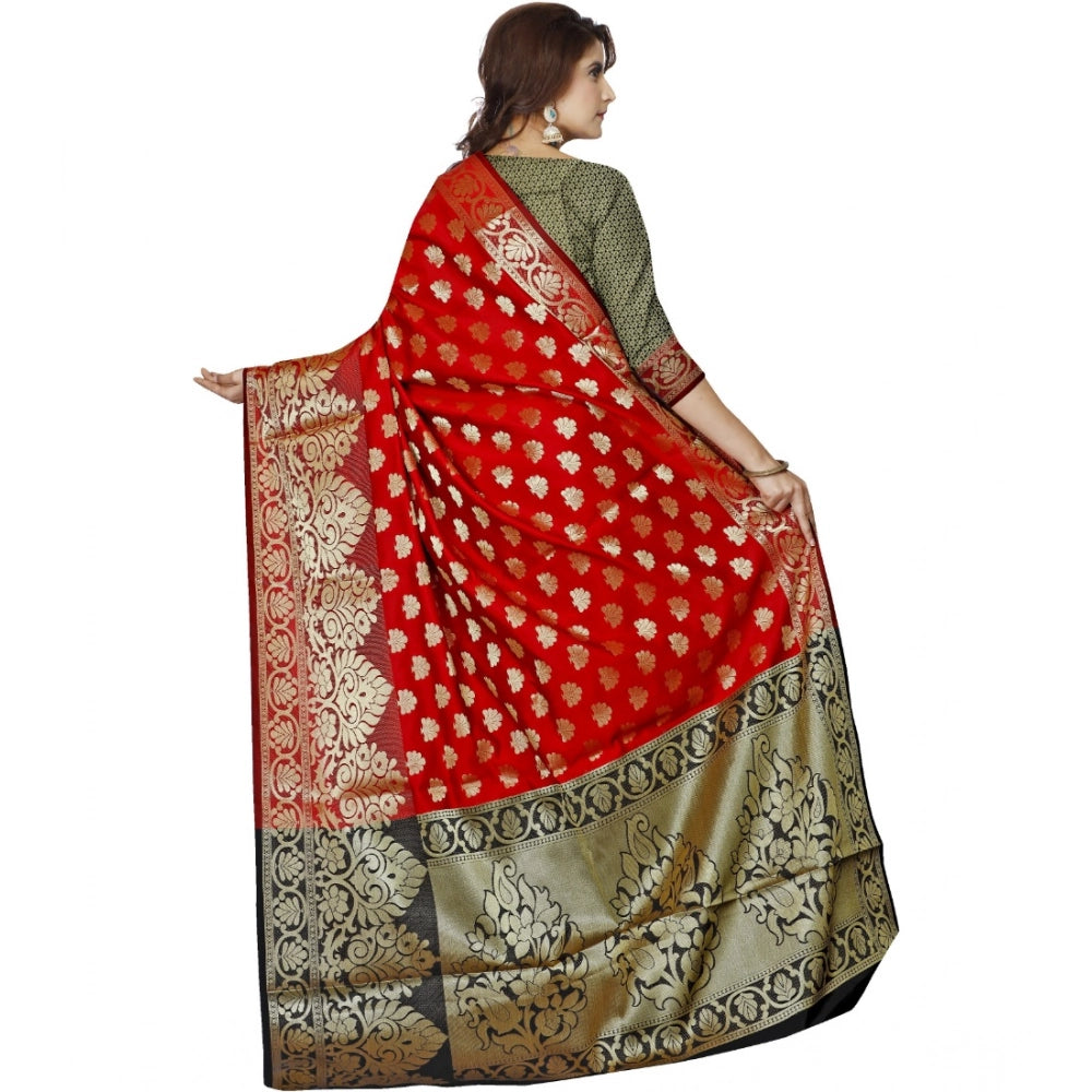 Generic Women's Jacquard Woven Saree With Unstitched Blouse 5.5Mtr (Red) Secondary image