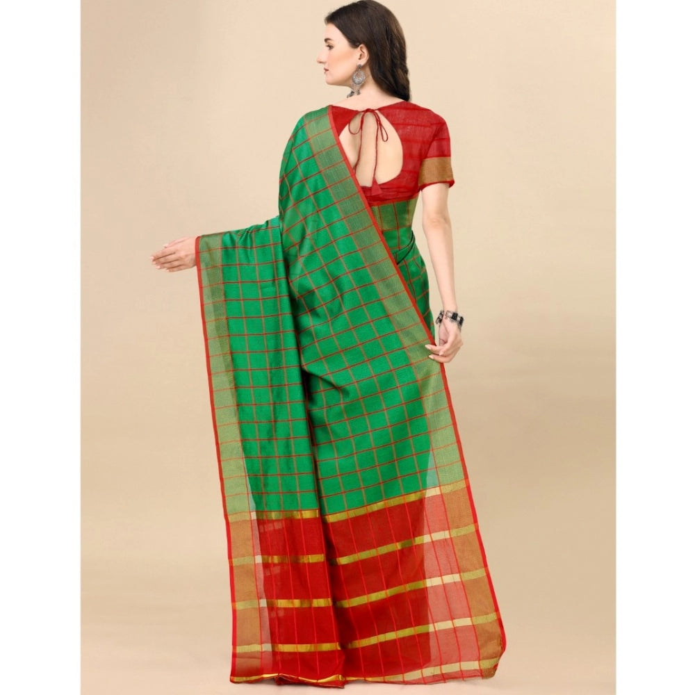 Generic Women's Cotton Silk Checkered Saree With Unstitched Blouse 5.5Mtr (Dark Green) Secondary image