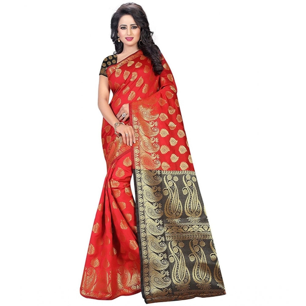 Generic Women's Jacquard Woven Saree With Unstitched Blouse 5.5Mtr (Red) Main image