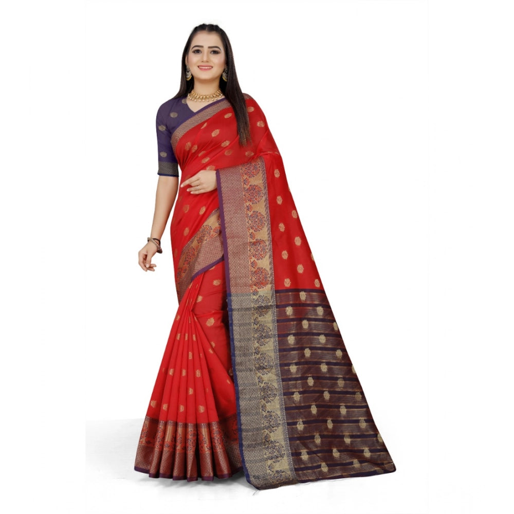 Generic Women's Jacquard Woven Saree With Unstitched Blouse 5.5Mtr (Red) Main image