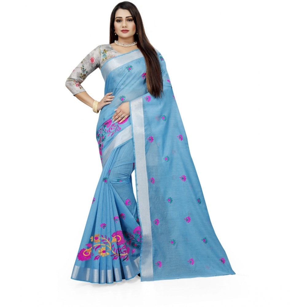 Generic Women's Cotton Silk Embroidered Saree With Unstitched Blouse 5.5Mtr (Light Blue) Main image