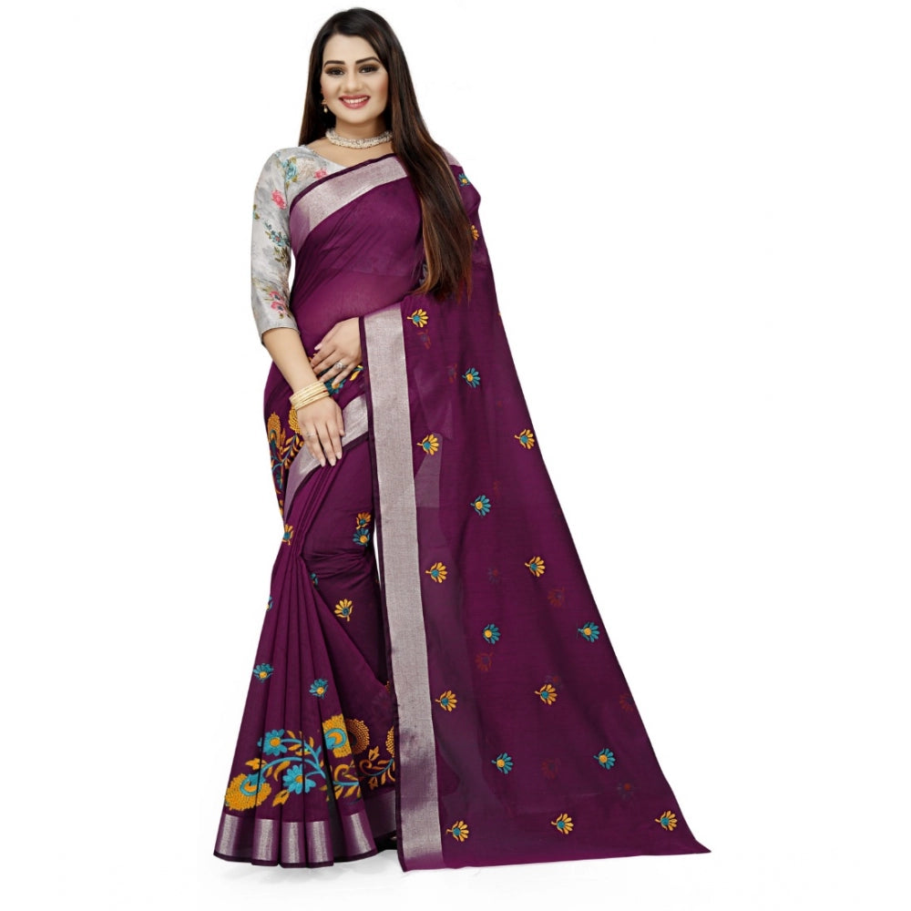 Generic Women's Cotton Silk Embroidered Saree With Unstitched Blouse 5.5Mtr (Purple) Main image