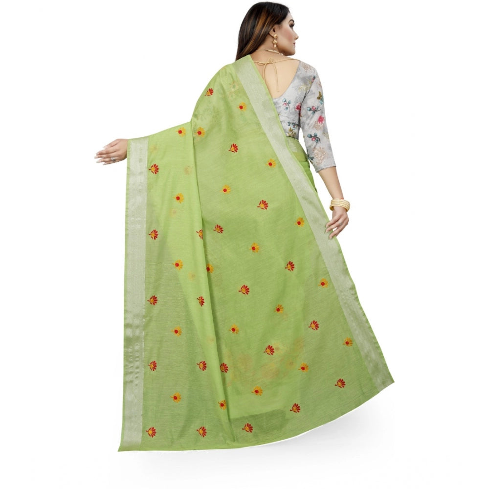 Generic Women's Cotton Silk Embroidered Saree With Unstitched Blouse 5.5Mtr (Light Green) Secondary image