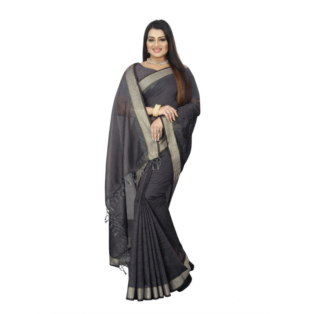 Generic Women's Cotton Blend Solid/Plain Saree With Unstitched Blouse 5.5Mtr (Grey) Secondary image