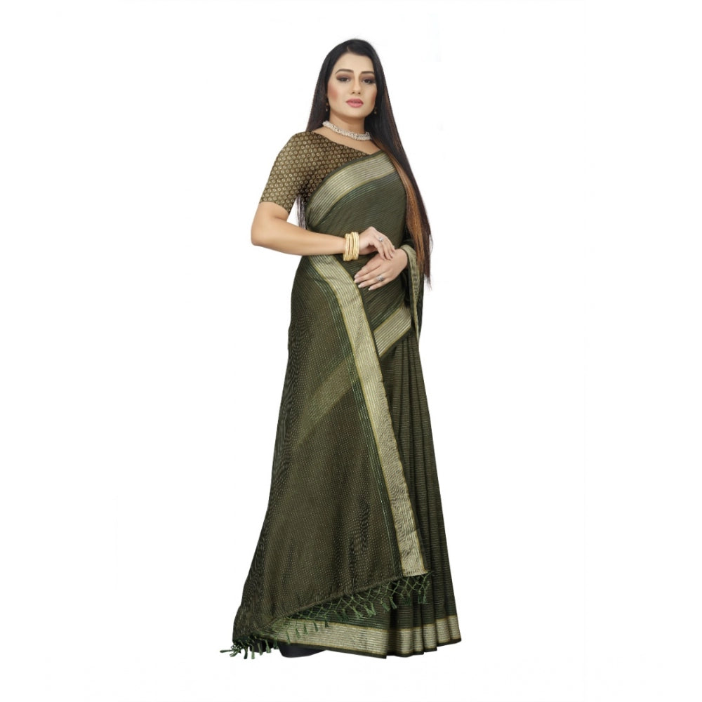 Generic Women's Cotton Blend Solid/Plain Saree With Unstitched Blouse 5.5Mtr (Green) Secondary image