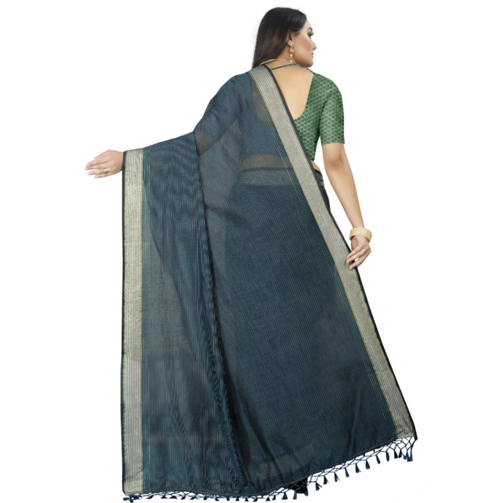 Generic Women's Cotton Blend Solid/Plain Saree With Unstitched Blouse 5.5Mtr (Dark Green) Secondary image
