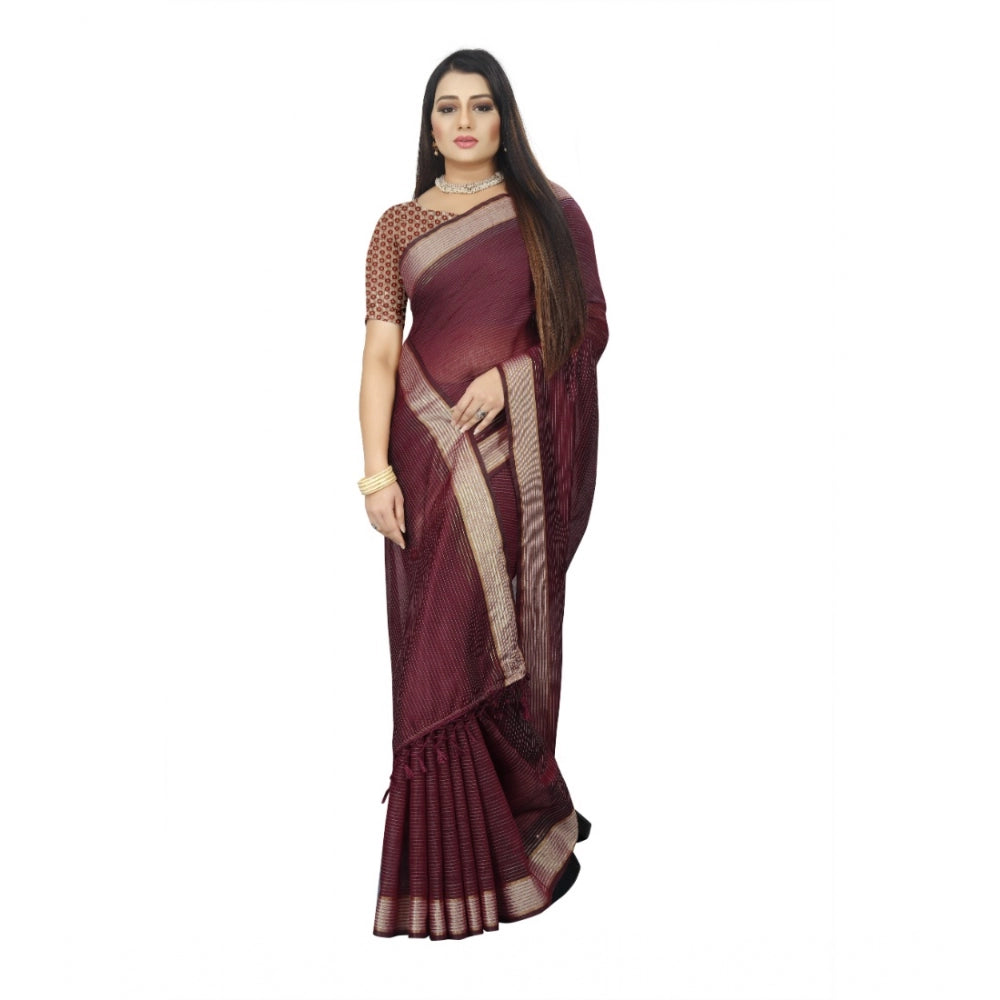 Generic Women's Cotton Blend Solid/Plain Saree With Unstitched Blouse 5.5Mtr (Brown) Secondary image