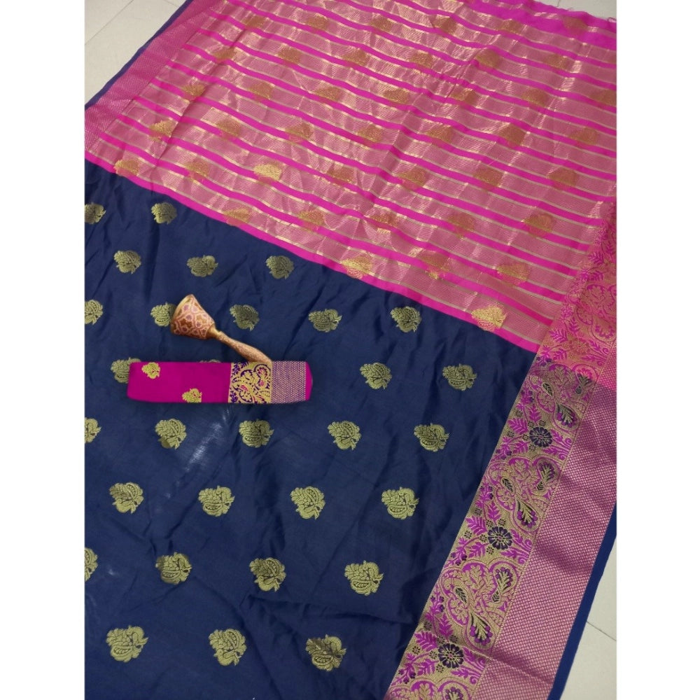 Generic Women's Silk Blend Woven Saree With Unstitched Blouse 5.5Mtr (Dark Blue) Secondary image