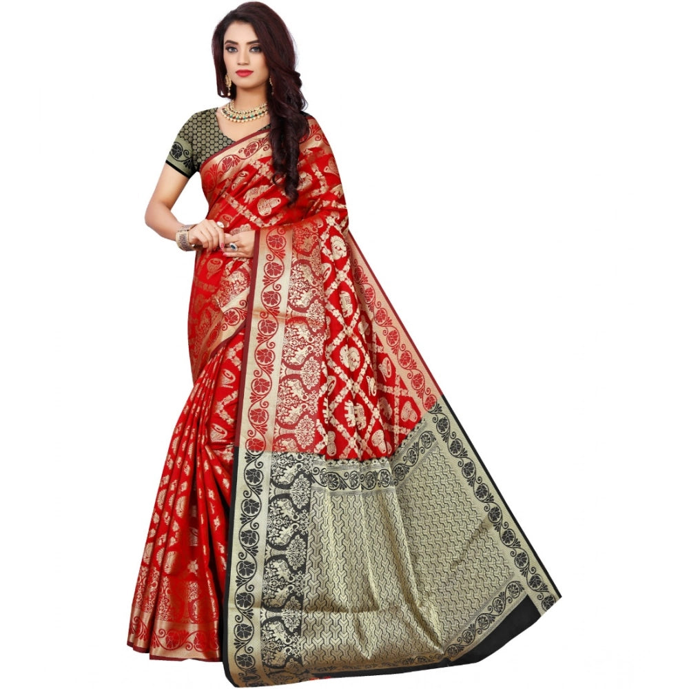 Generic Women's Jacquard Woven Saree With Unstitched Blouse 5.5Mtr (Red) Main image