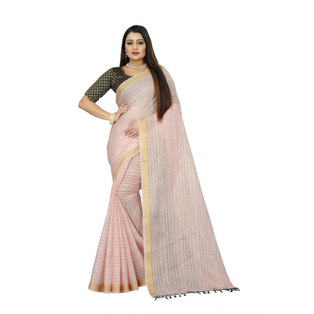 Generic Women's Cotton Blend Solid/Plain Saree With Unstitched Blouse 5.5Mtr (Pink) Main image
