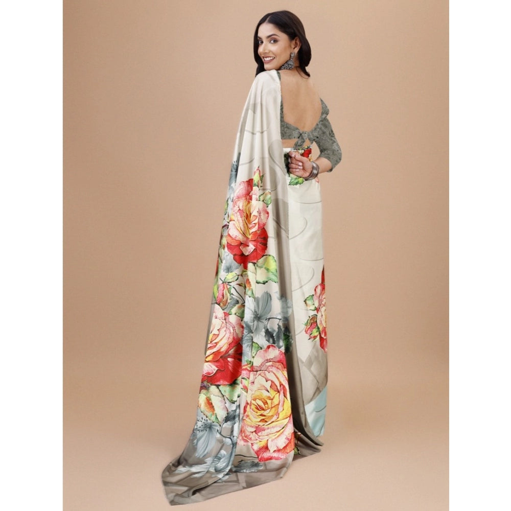 Generic Women's Crepe Digital Print Saree With Unstitched Blouse 5.5Mtr (Grey) Secondary image