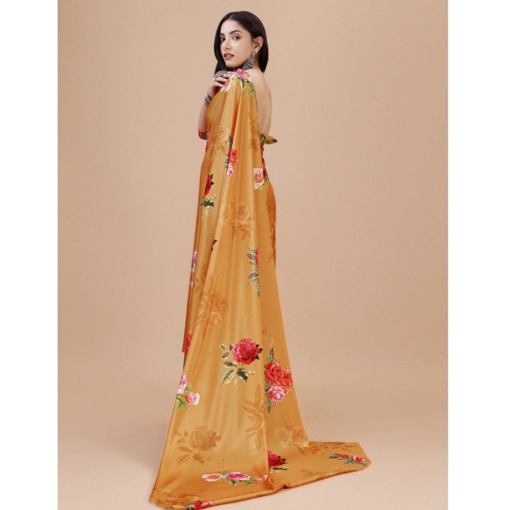 Generic Women's Crepe Digital Print Saree With Unstitched Blouse 5.5Mtr (Mustard) Secondary image