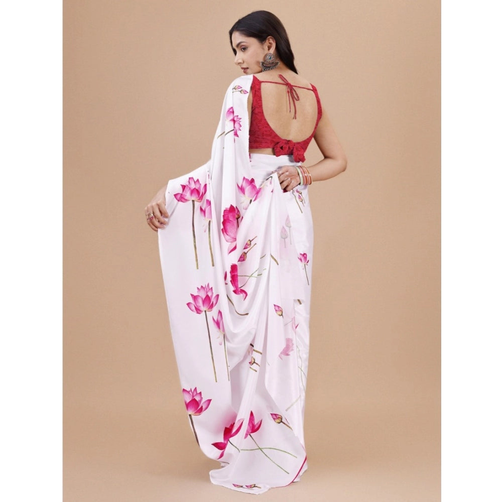 Generic Women's Crepe Digital Print Saree With Unstitched Blouse 5.5Mtr (White) Secondary image
