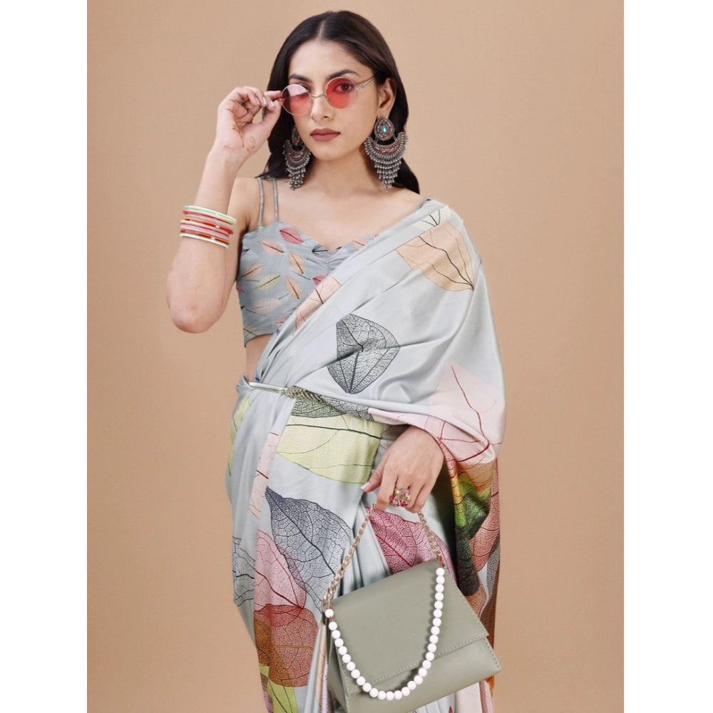 Generic Women's Crepe Digital Print Saree With Unstitched Blouse 5.5Mtr (Silver) Secondary image