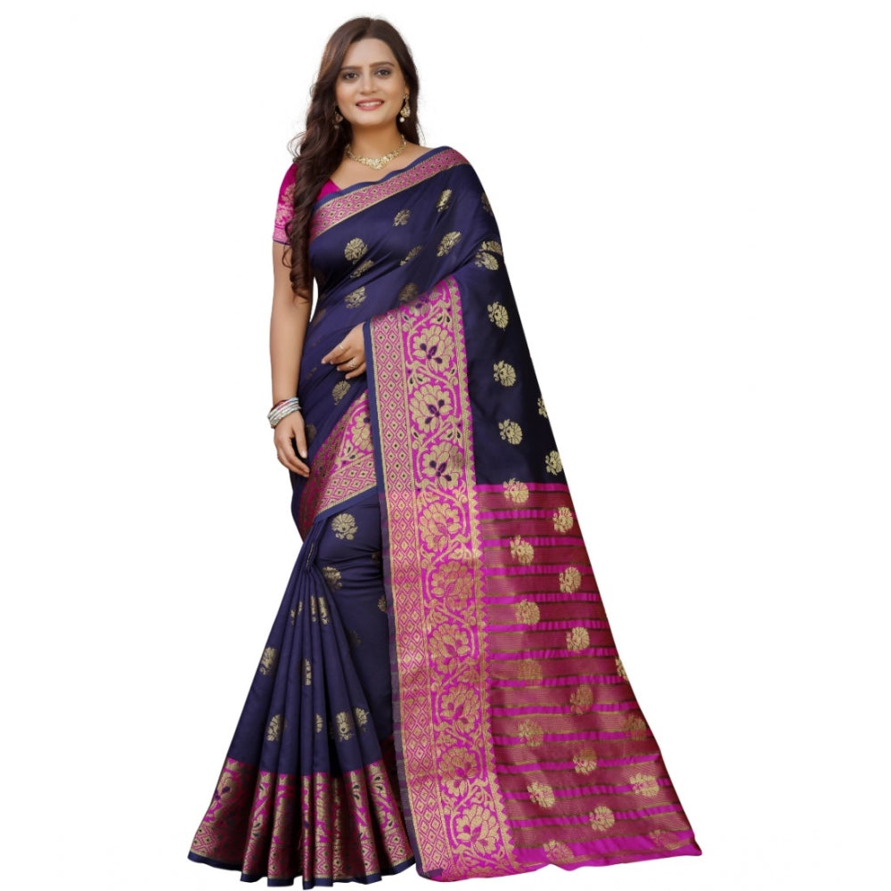 Generic Women's Silk Blend Woven Saree With Unstitched Blouse 5.5Mtr (Dark Blue-Pink) Main image