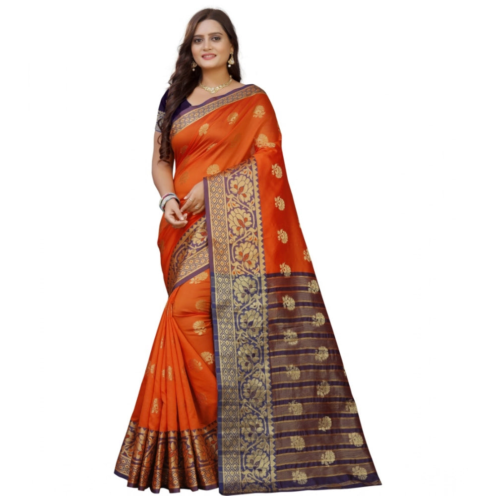 Generic Women's Silk Blend Woven Saree With Unstitched Blouse 5.5Mtr (Gold-Orange) Main image