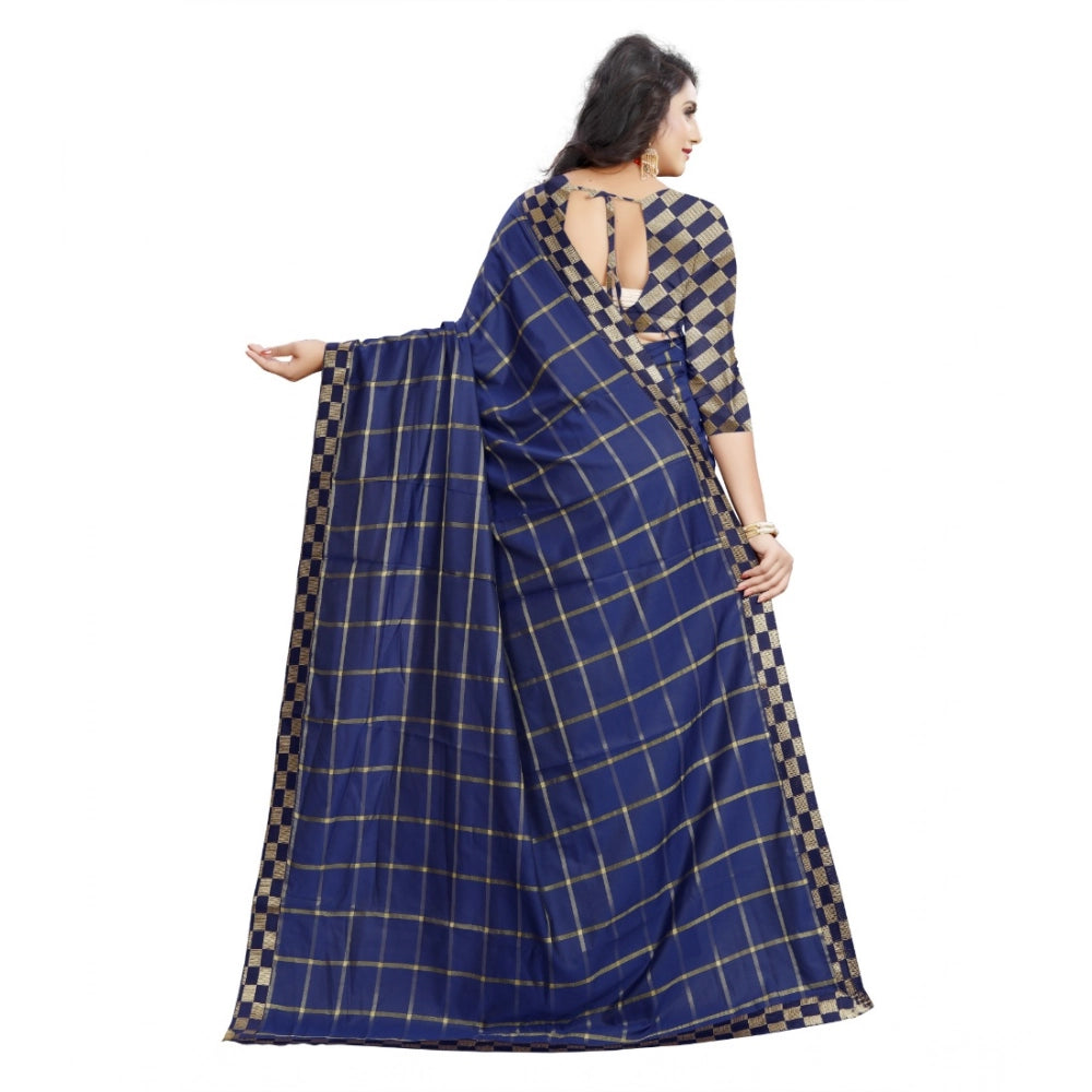 Generic Women's Cotton Silk Checkered Saree With Unstitched Blouse 5.5Mtr (Dark Blue) Secondary image