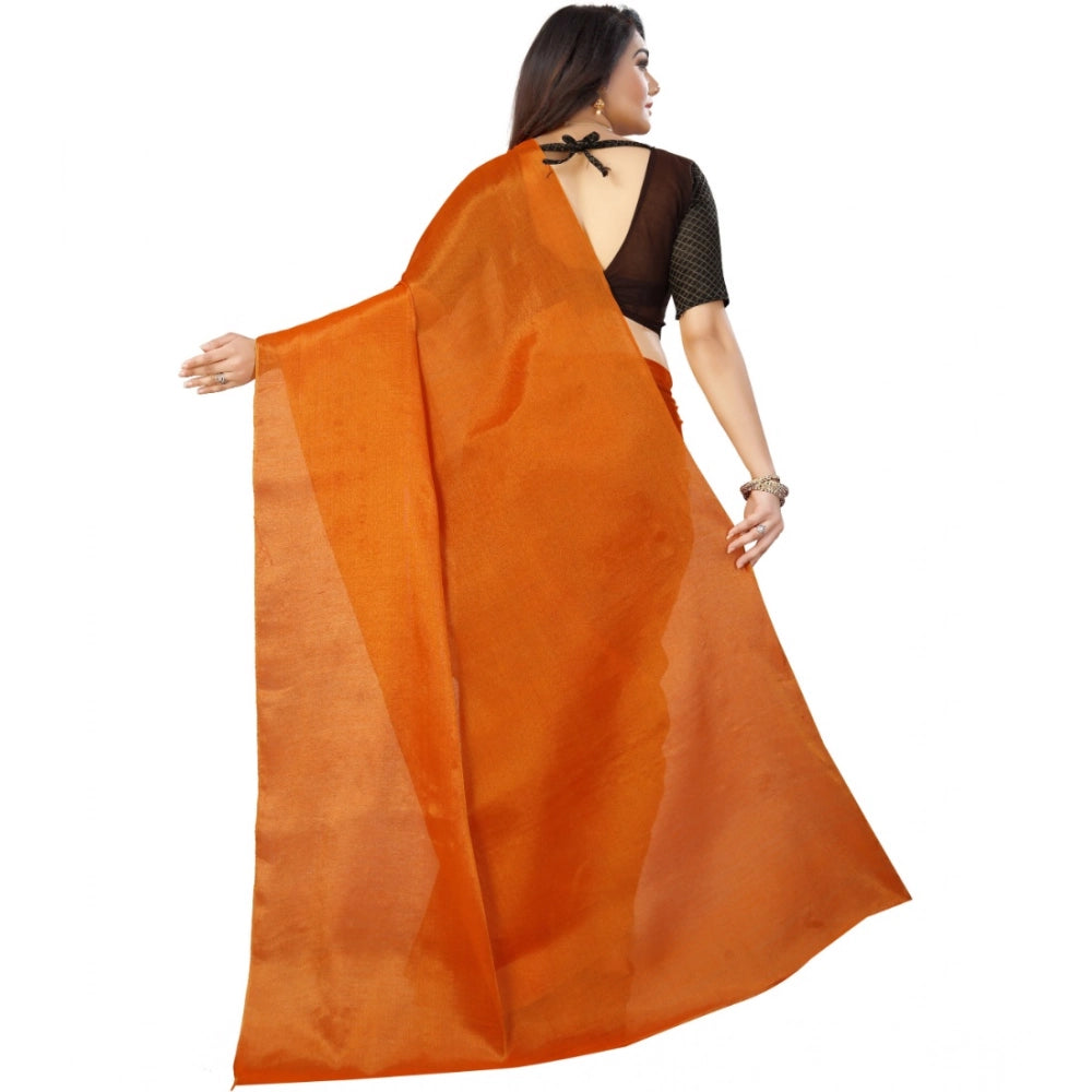 Generic Women's Cotton Silk Self Design Saree With Unstitched Blouse 5.5Mtr (Orange) Secondary image