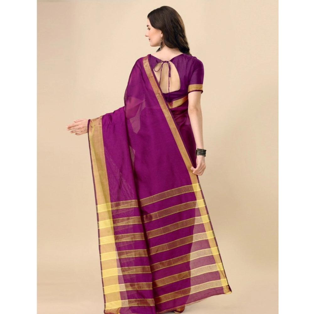 Generic Women's Cotton Silk Striped Saree With Unstitched Blouse 5.5Mtr (Purple) Secondary image