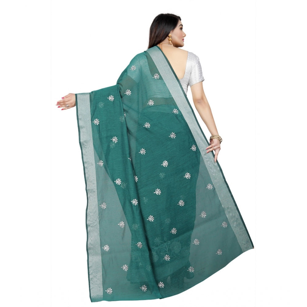 Generic Women's Cotton Silk Embroidered Saree With Unstitched Blouse 5.5Mtr (Dark Green) Secondary image