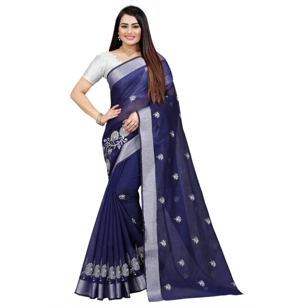 Generic Women's Cotton Silk Embroidered Saree With Unstitched Blouse 5.5Mtr (Blue) Main image