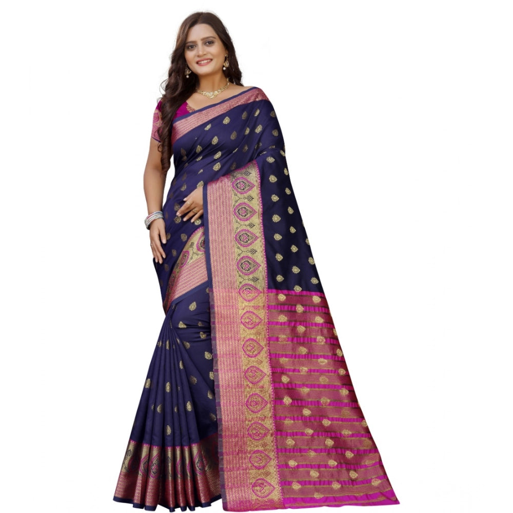 Generic Women's Silk Blend Woven Saree With Unstitched Blouse 5.5Mtr (Dark Blue-Pink) Main image