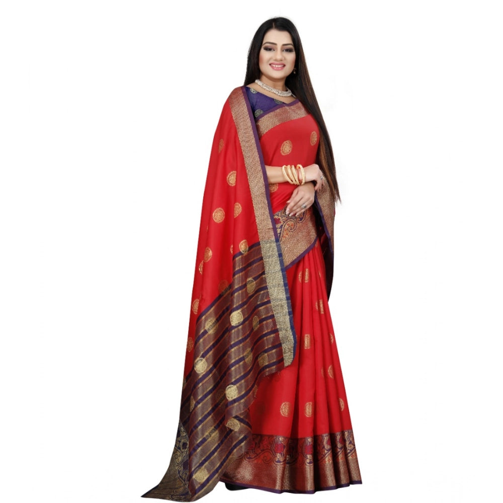 Generic Women's Silk Blend Woven Saree With Unstitched Blouse 5.5Mtr (Red-Blue) Secondary image
