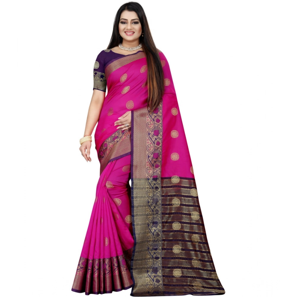Generic Women's Silk Blend Woven Saree With Unstitched Blouse 5.5Mtr (Blue-Pink) Main image