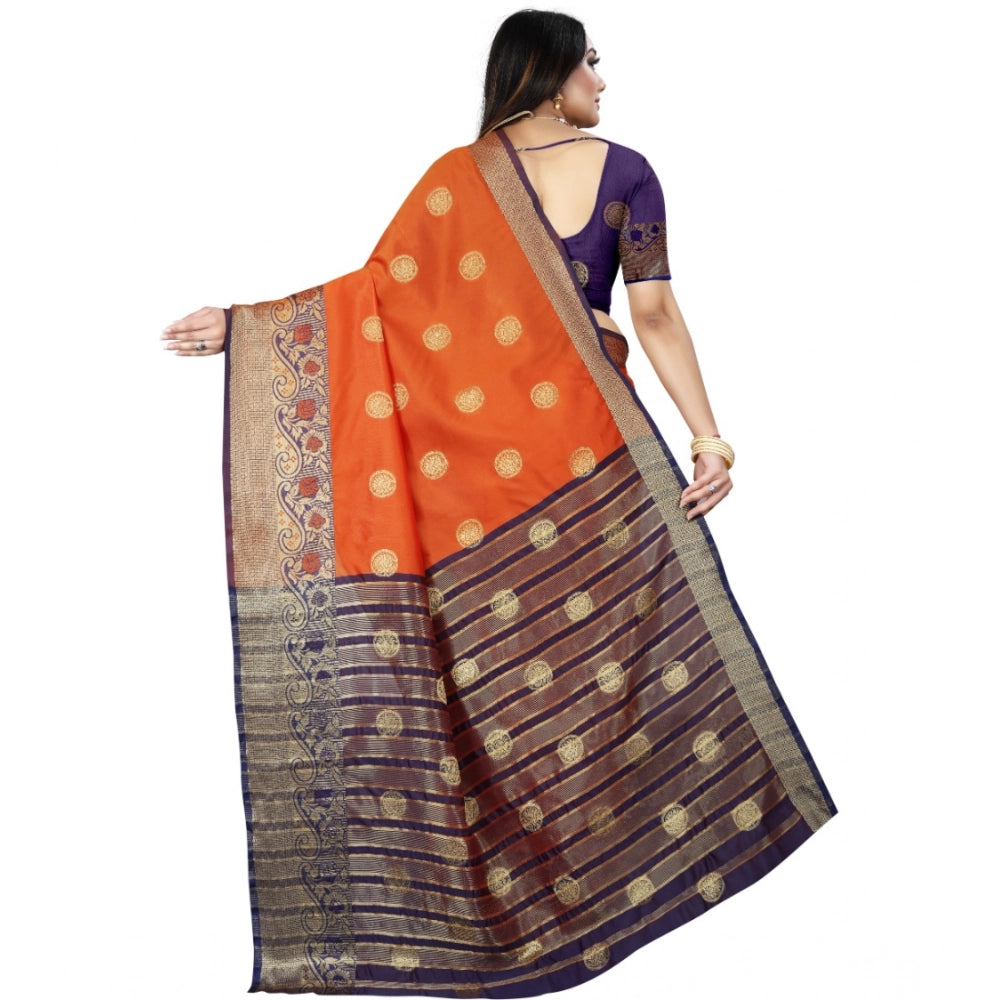 Generic Women's Silk Blend Woven Saree With Unstitched Blouse 5.5Mtr (Blue-Orange) Secondary image