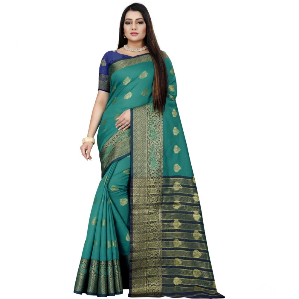 Generic Women's Silk Blend Woven Saree With Unstitched Blouse 5.5Mtr (Dark Blue-Green) Main image