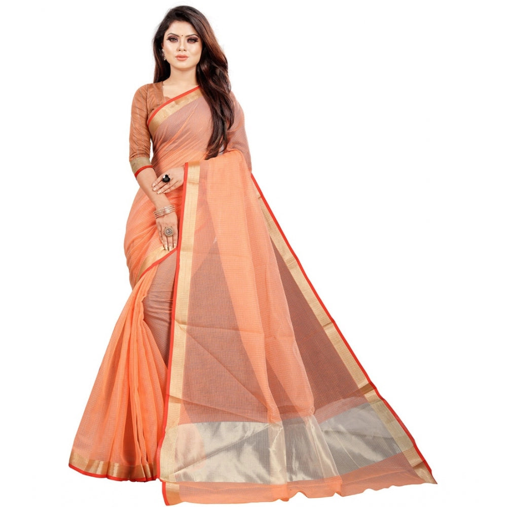 Generic Women's Cotton Silk Checkered Saree With Unstitched Blouse 5.5Mtr (Orange) Main image