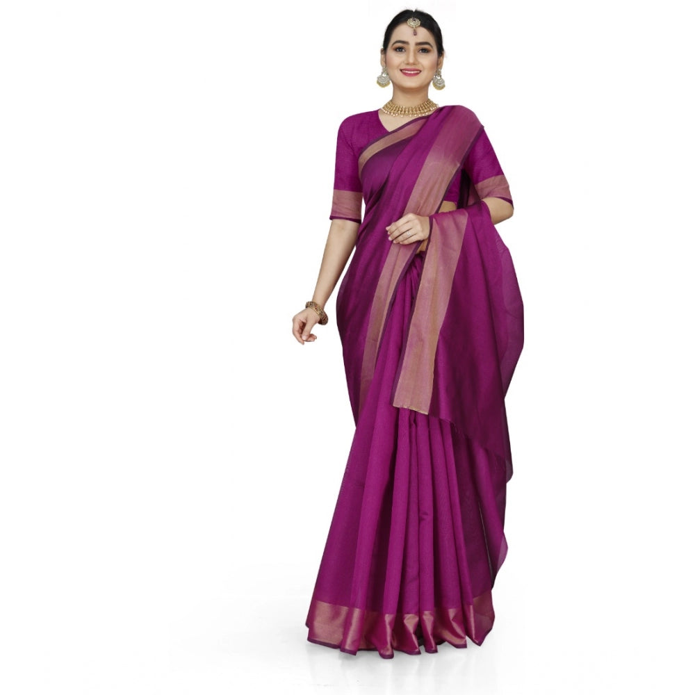 Generic Women's Cotton Silk Self Design Saree With Unstitched Blouse 5.5Mtr (Pink) Secondary image