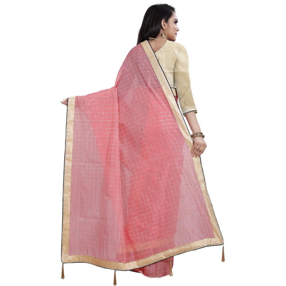 Generic Women's Cotton Silk Checkered Saree With Unstitched Blouse 5.5Mtr (Pink) Secondary image