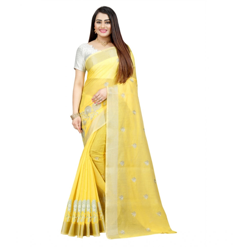 Generic Women's Cotton Silk Embroidered Saree With Unstitched Blouse 5.5Mtr (Yellow) Main image