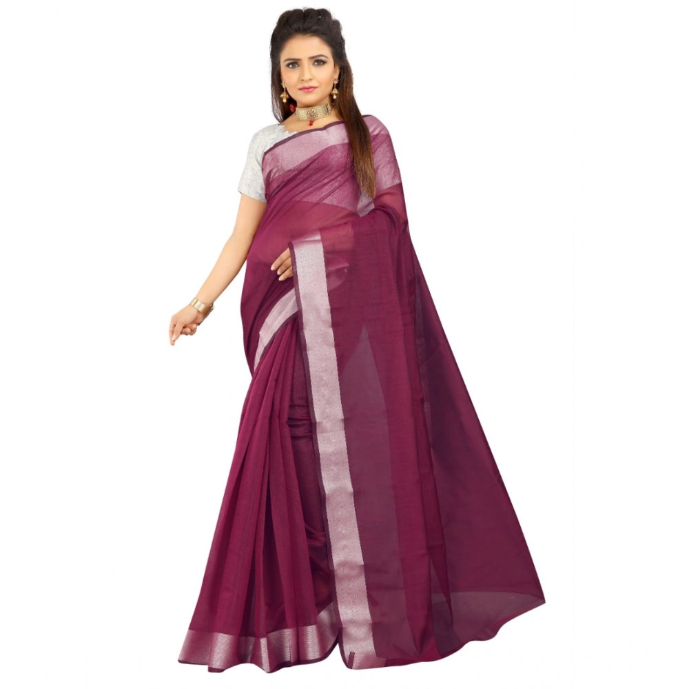 Generic Women's Cotton Silk Self Design Saree With Unstitched Blouse 5.5Mtr (Purple) Main image
