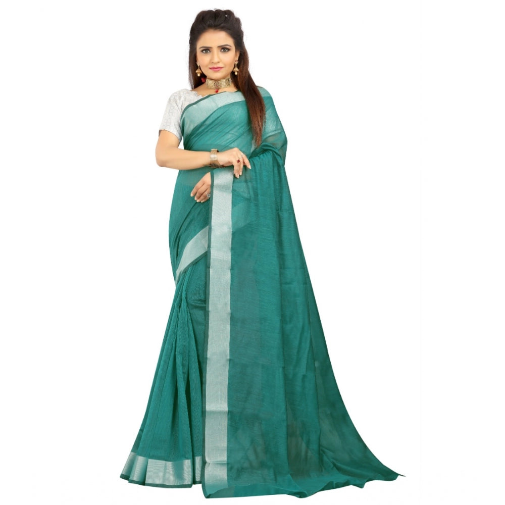 Generic Women's Cotton Silk Self Design Saree With Unstitched Blouse 5.5Mtr (Dark Green) Main image