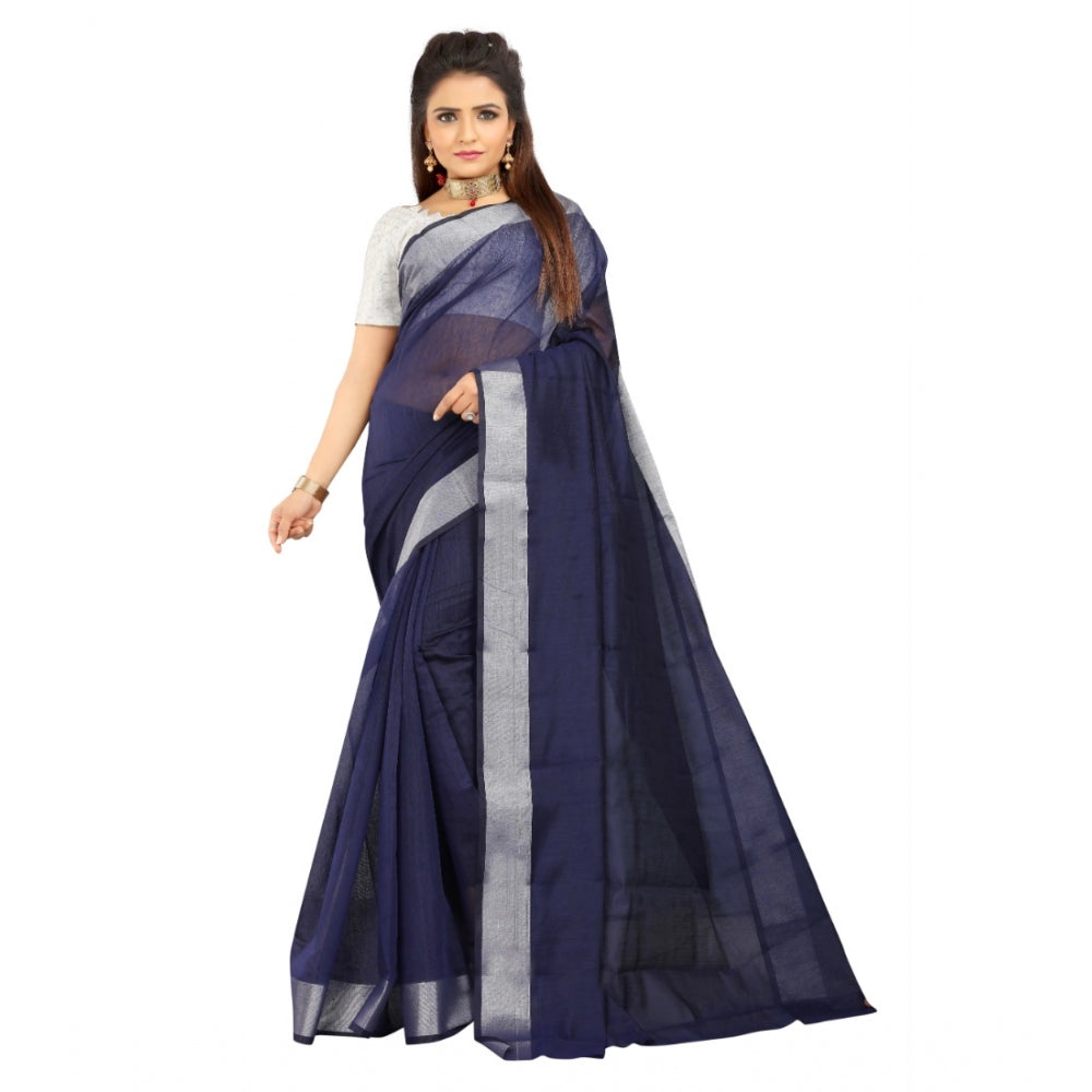 Generic Women's Cotton Silk Self Design Saree With Unstitched Blouse 5.5Mtr (Blue) Main image