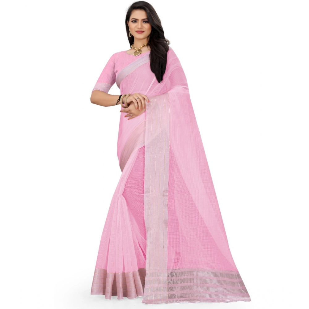 Generic Women's Cotton Jute Self Design Saree With Unstitched Blouse 5.5Mtr (Pink) Main image