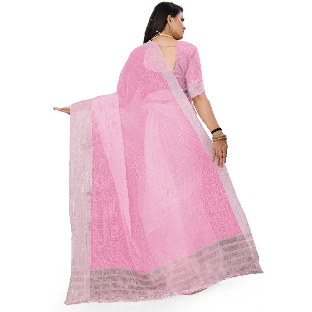 Generic Women's Cotton Jute Self Design Saree With Unstitched Blouse 5.5Mtr (Pink) Secondary image