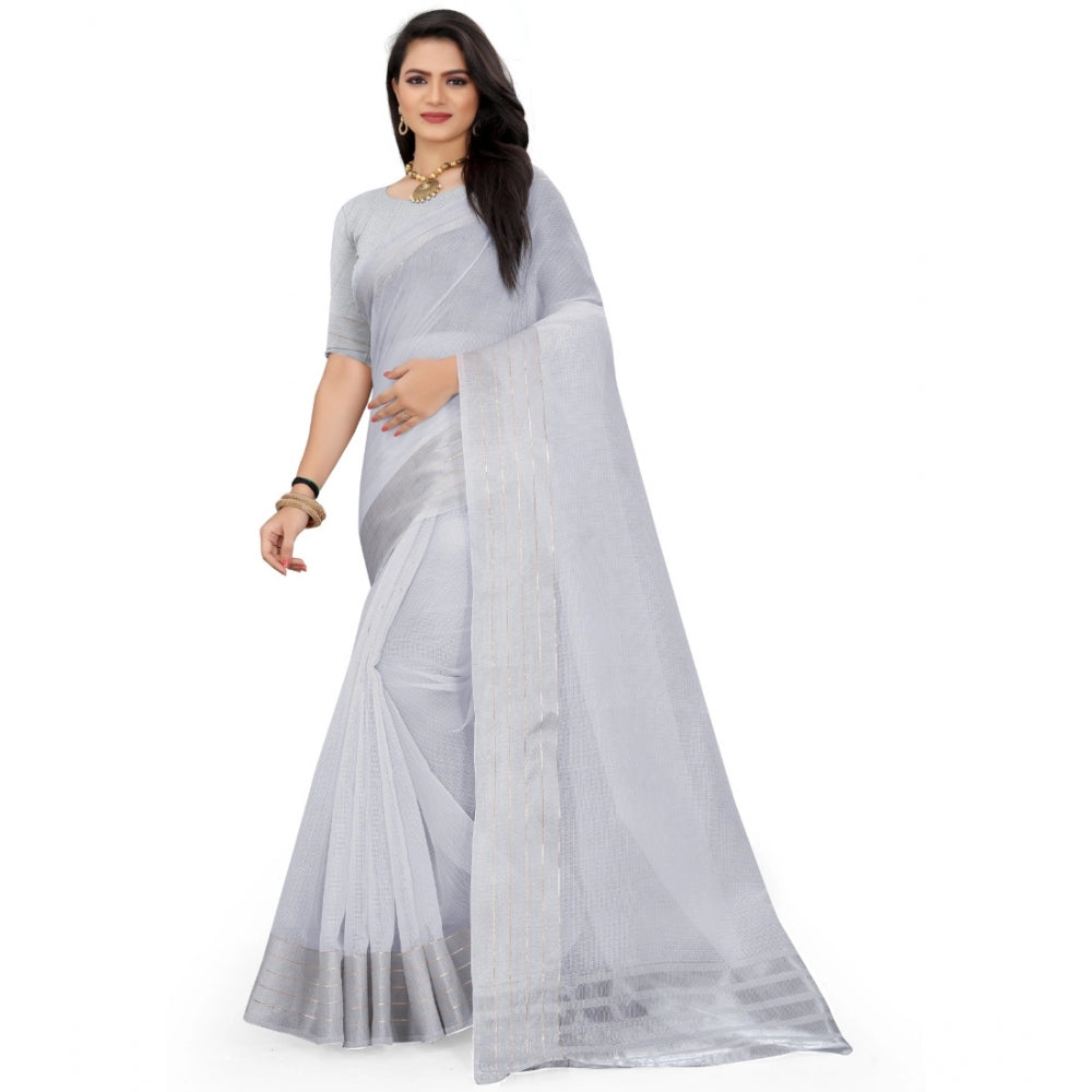 Generic Women's Cotton Jute Self Design Saree With Unstitched Blouse 5.5Mtr (Grey) Main image